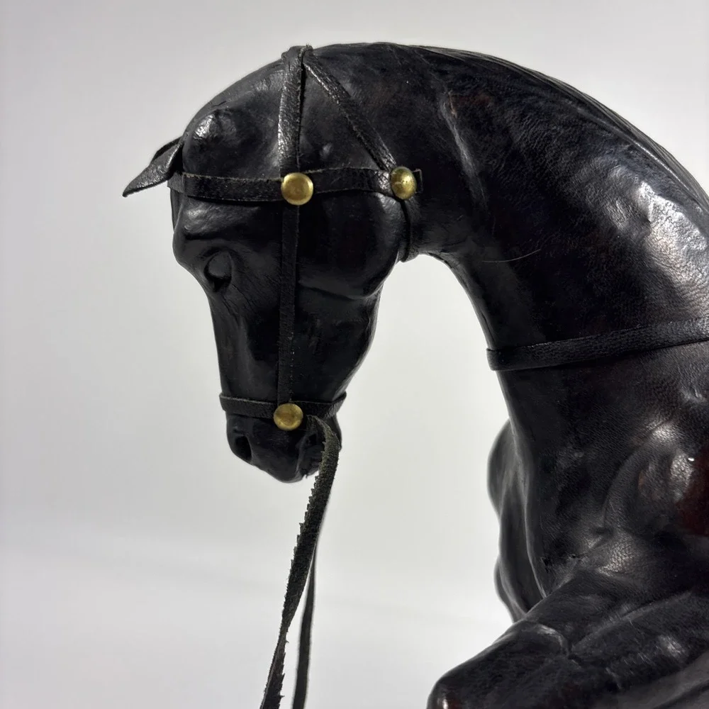 Vintage Leather Wrapped Horse Figurine 16 X 11 In Black Equestrian Western Decor